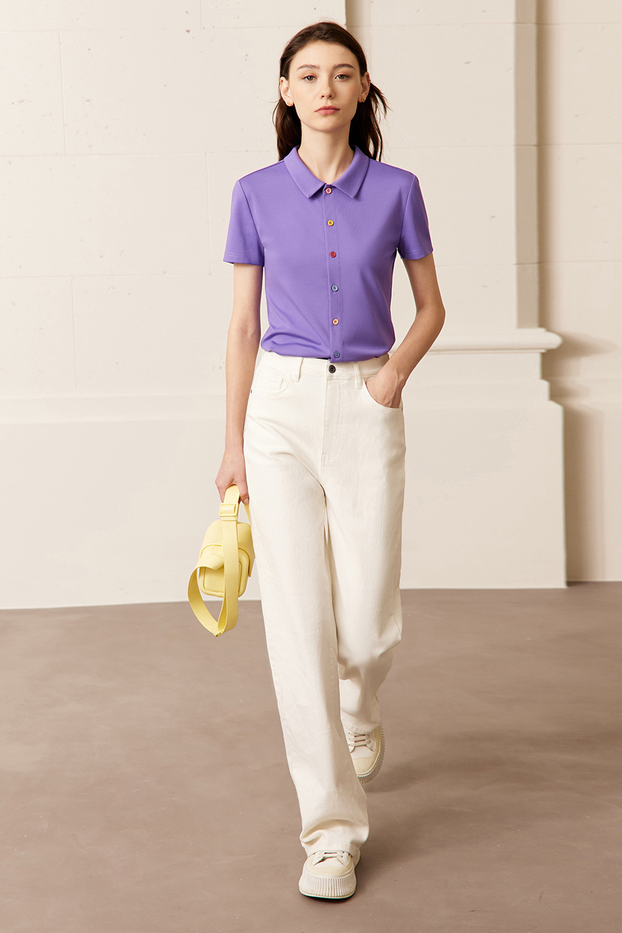 Contrast Button Lapel Short Sleeve T-shirt