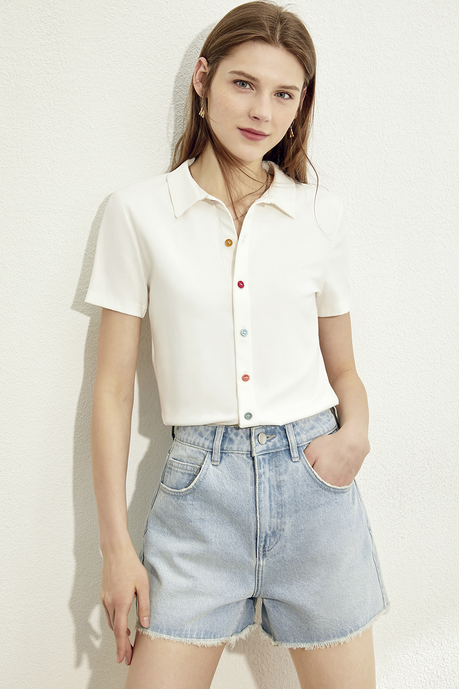 Contrast Button Lapel Short Sleeve T-shirt