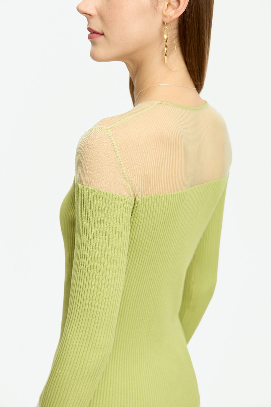 Sheer Spliced V-neck Sweater|AMII
