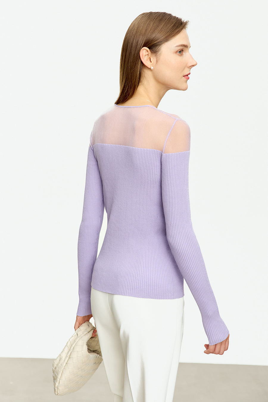 Sheer Spliced V-neck Sweater|AMII