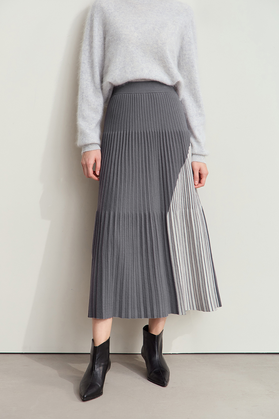 Color Block Pleated Midi Skirt|AMII-AMII.com