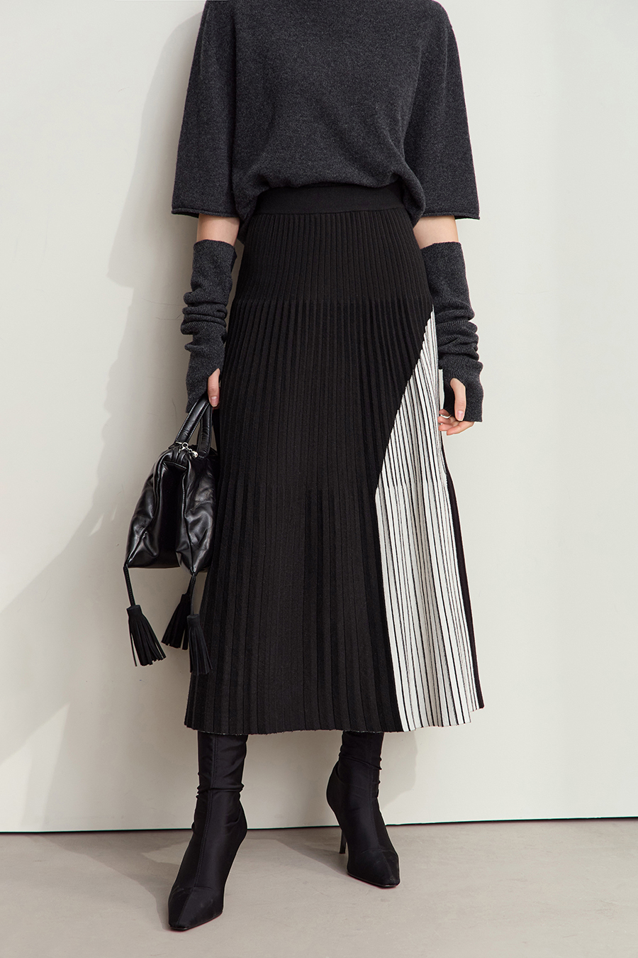 Color Block Pleated Midi Skirt|AMII-AMII.com