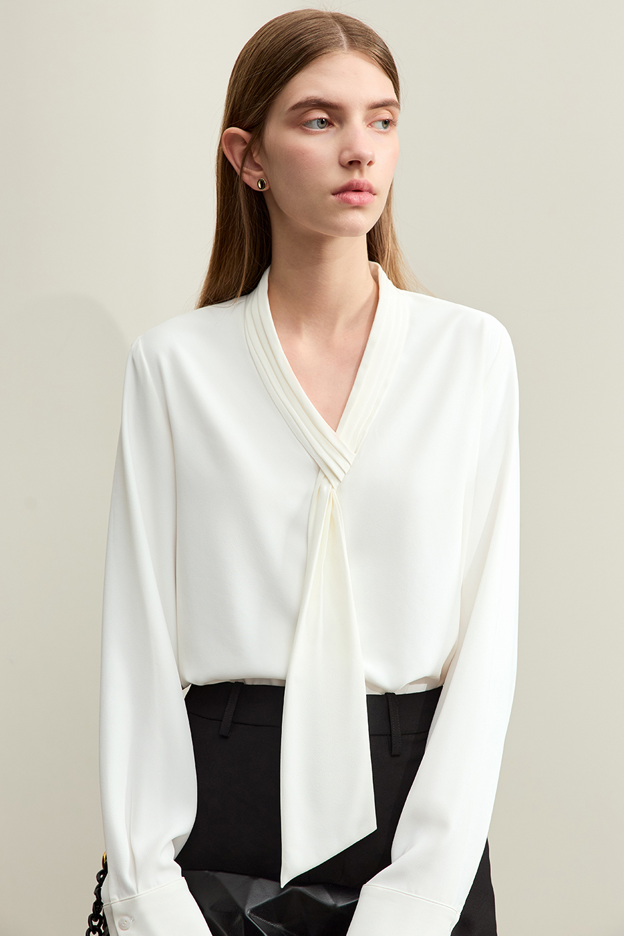 Pleated V-neck Tie Shirt