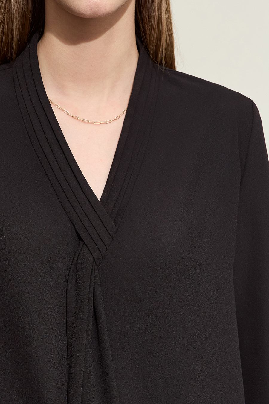 Pleated V-neck Tie Shirt