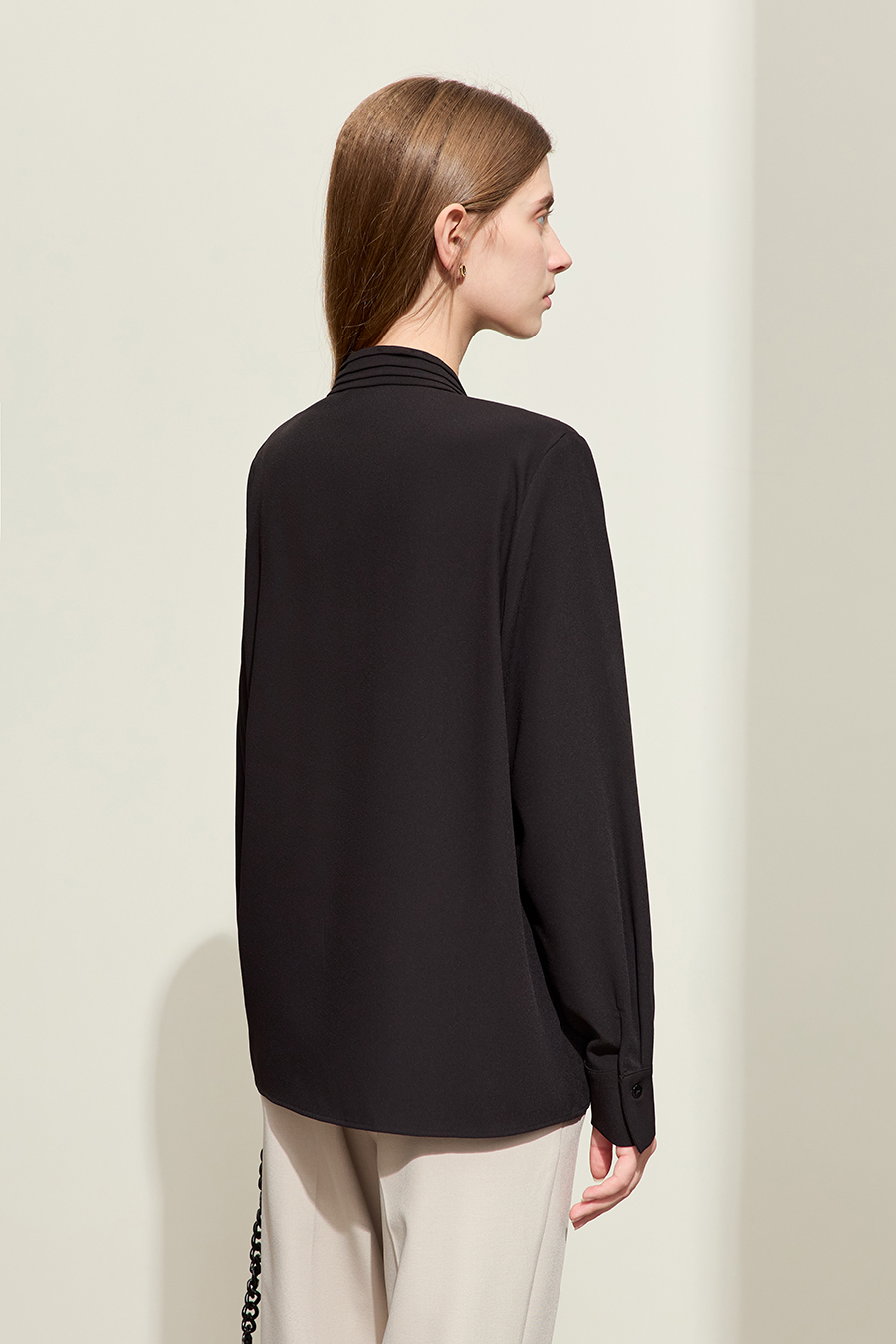 Pleated V-neck Tie Shirt