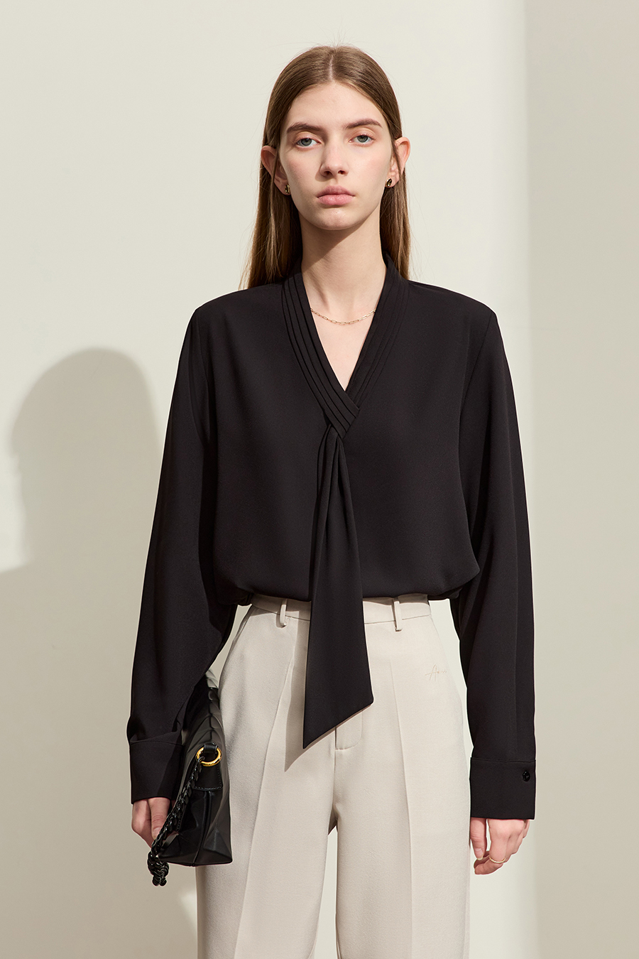 Pleated V-neck Tie Shirt