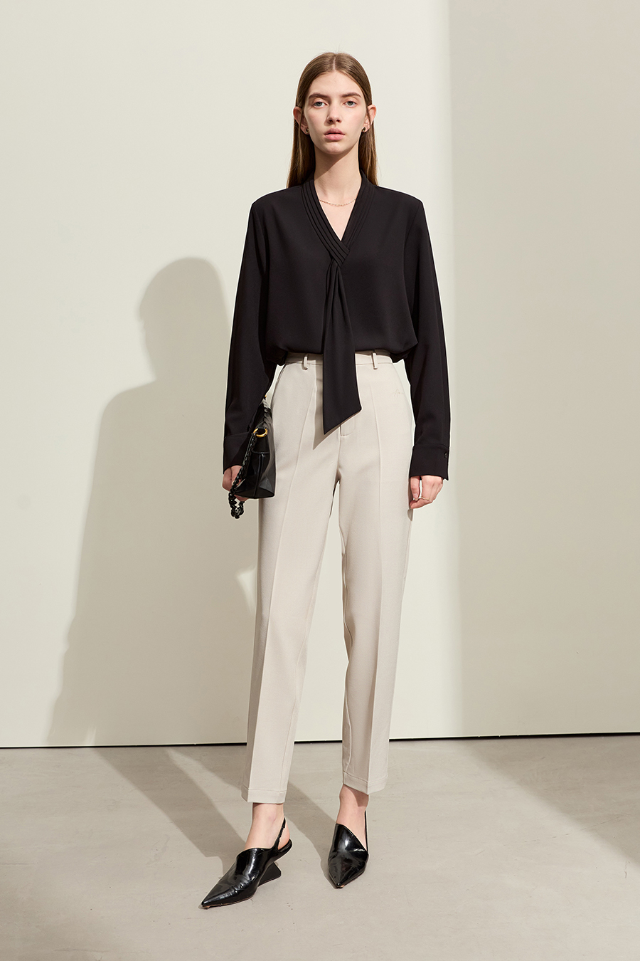 Pleated V-neck Tie Shirt