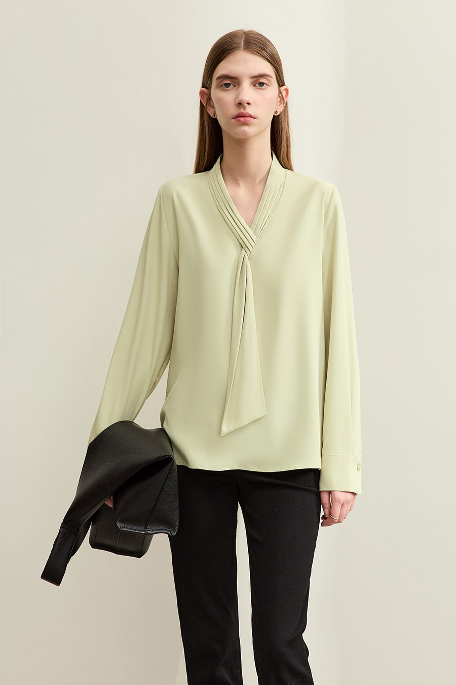 Pleated V-neck Tie Shirt