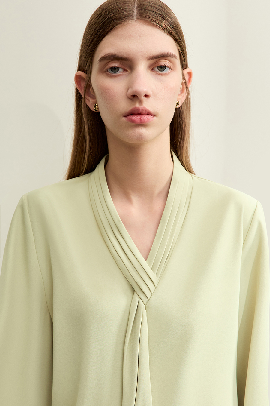 Pleated V-neck Tie Shirt