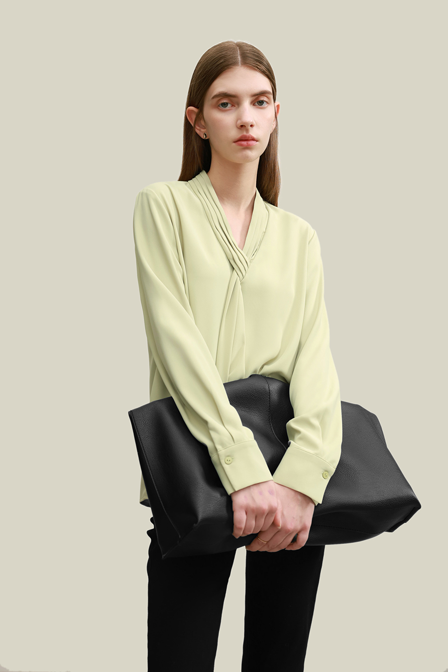 Pleated V-neck Tie Shirt