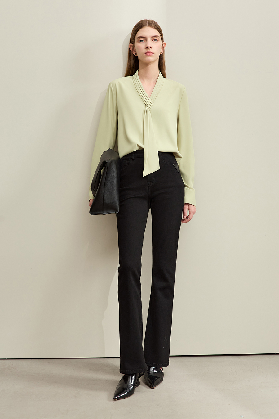 Pleated V-neck Tie Shirt