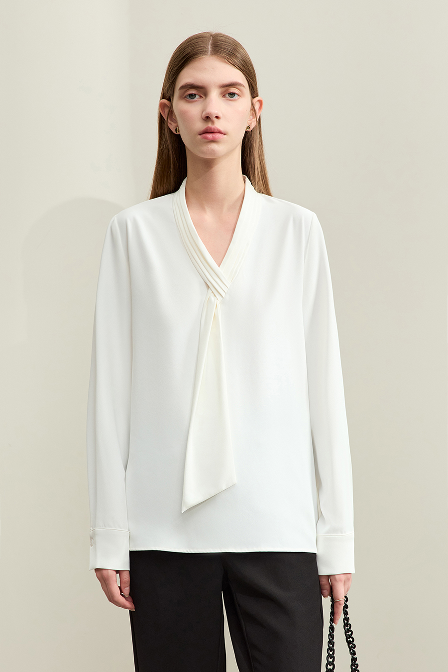 Pleated V-neck Tie Shirt