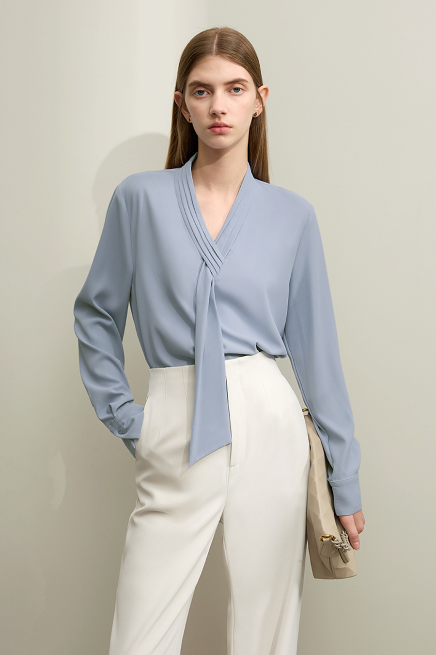 Pleated V-neck Tie Shirt