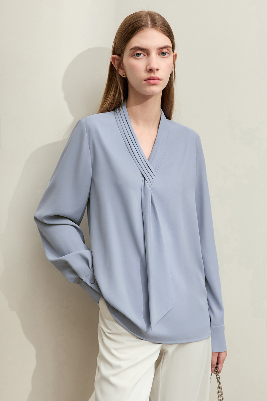 Pleated V-neck Tie Shirt