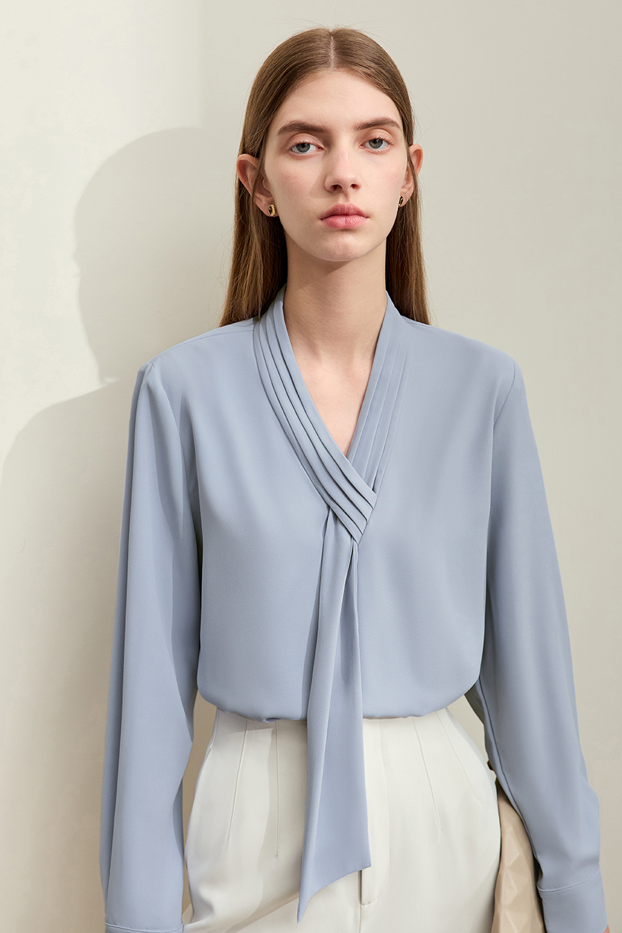 Pleated V-neck Tie Shirt