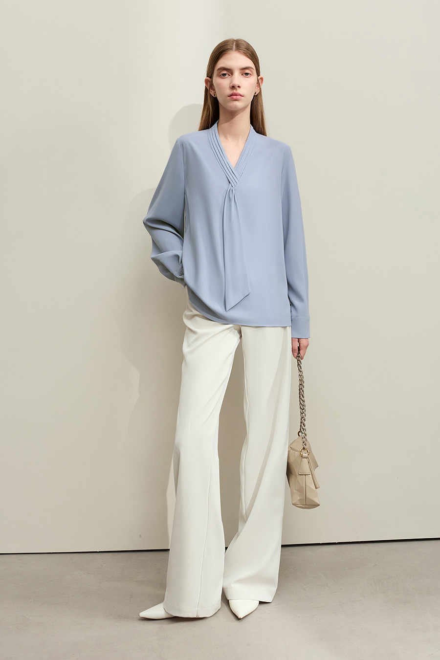 Pleated V-neck Tie Shirt