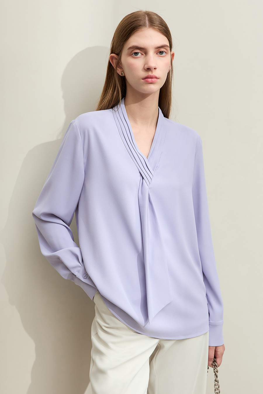 Pleated V-neck Tie Shirt