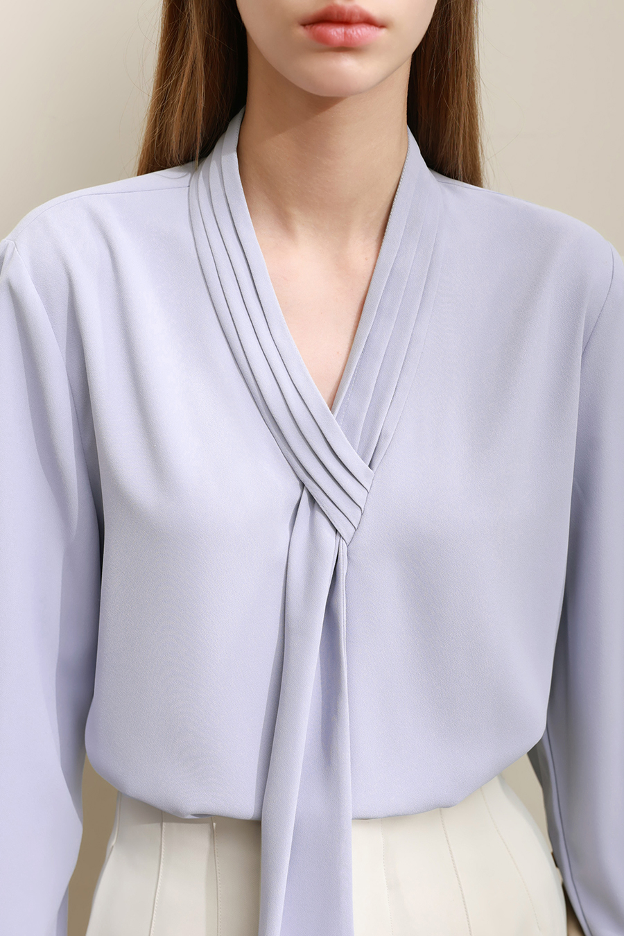 Pleated V-neck Tie Shirt