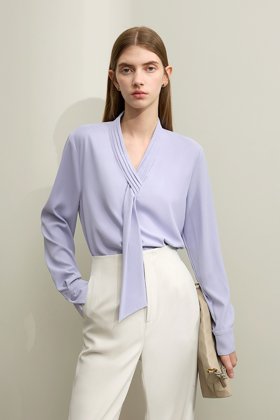 Pleated V-neck Tie Shirt