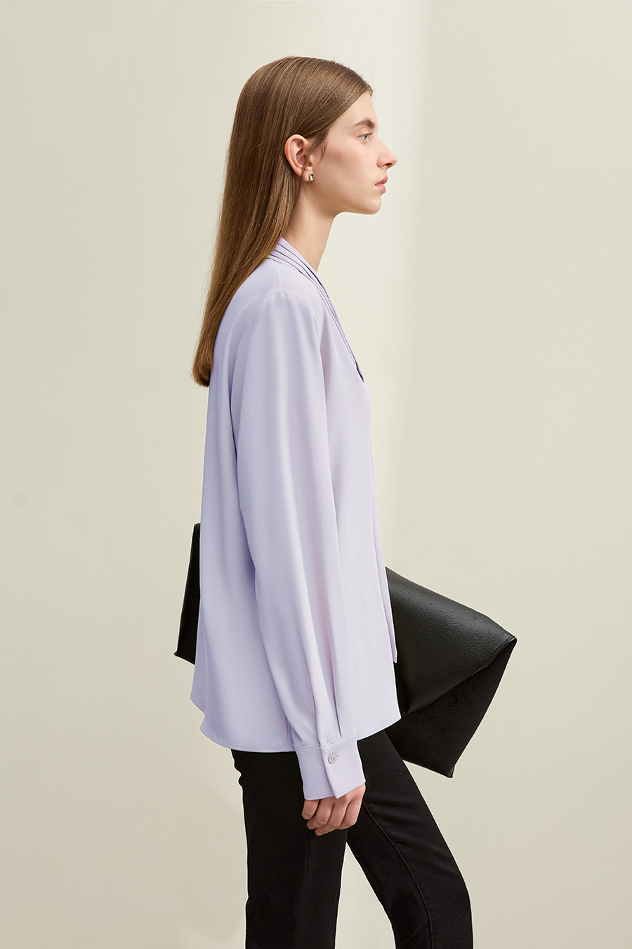 Pleated V-neck Tie Shirt