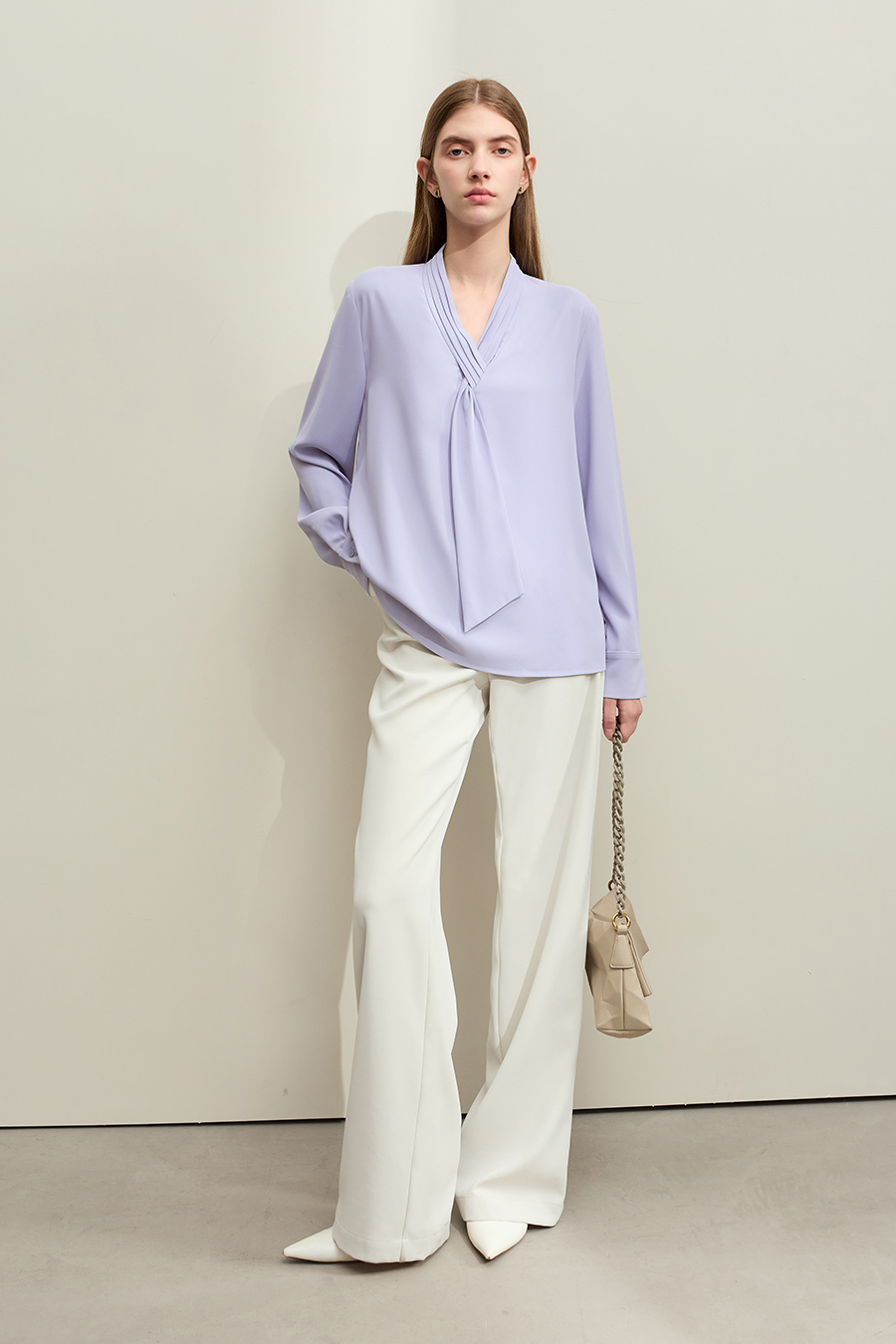 Pleated V-neck Tie Shirt