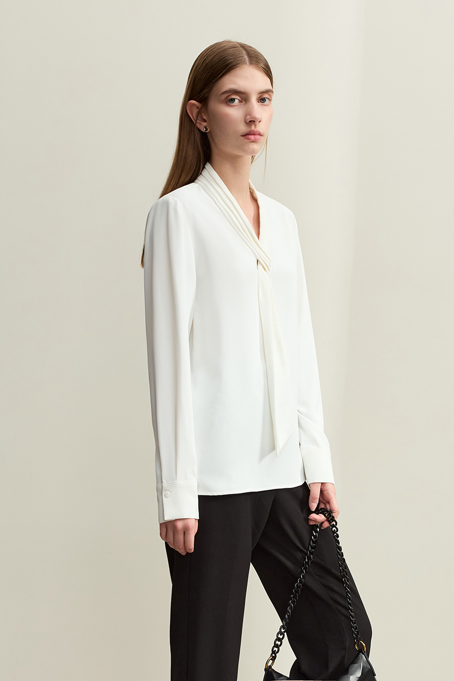 Pleated V-neck Tie Shirt