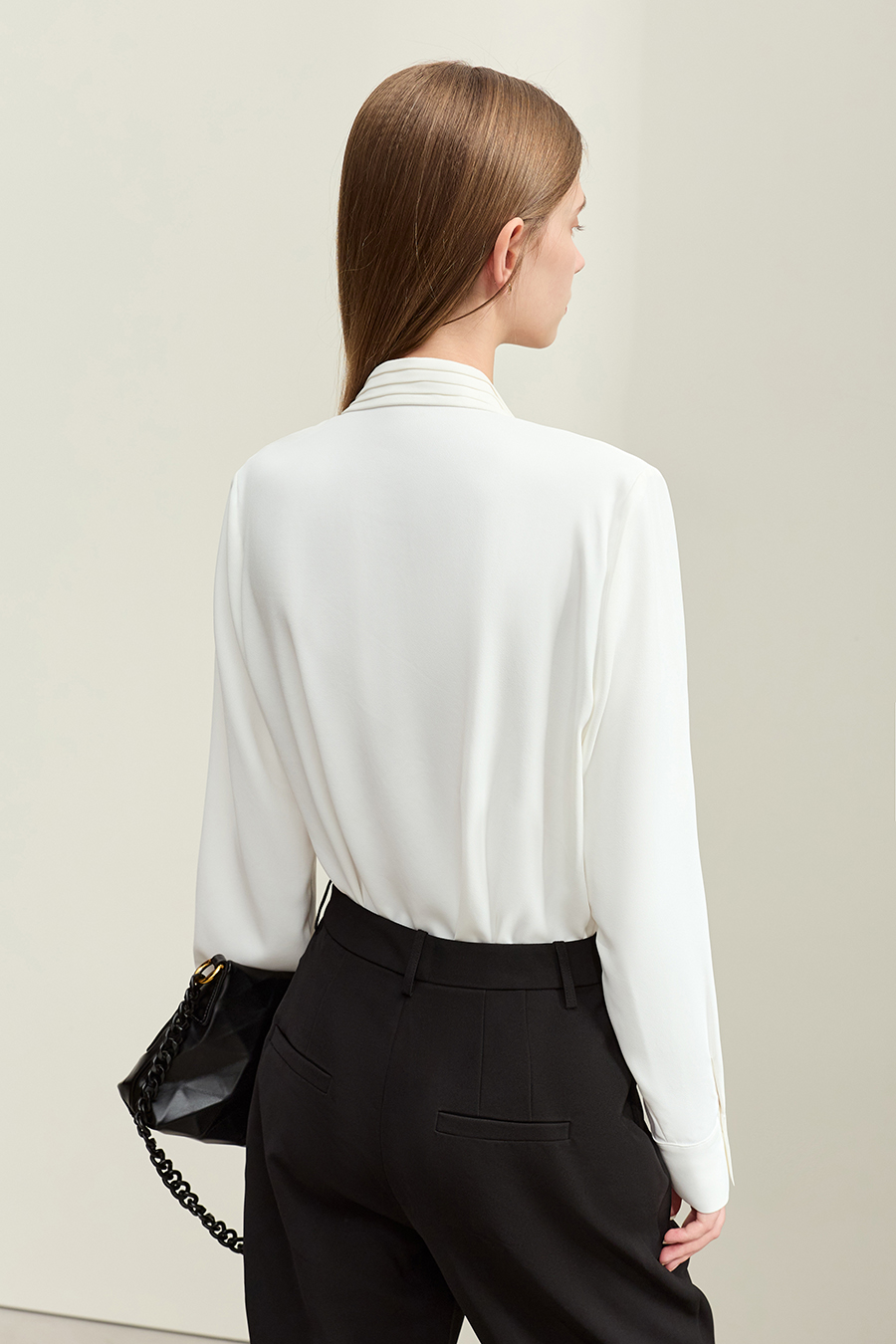 Pleated V-neck Tie Shirt