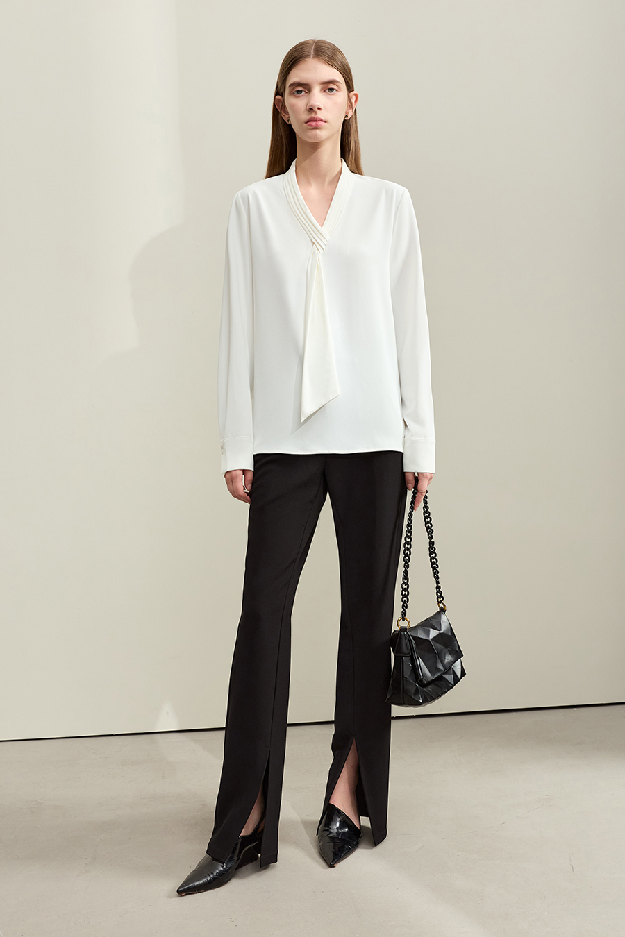 Pleated V-neck Tie Shirt