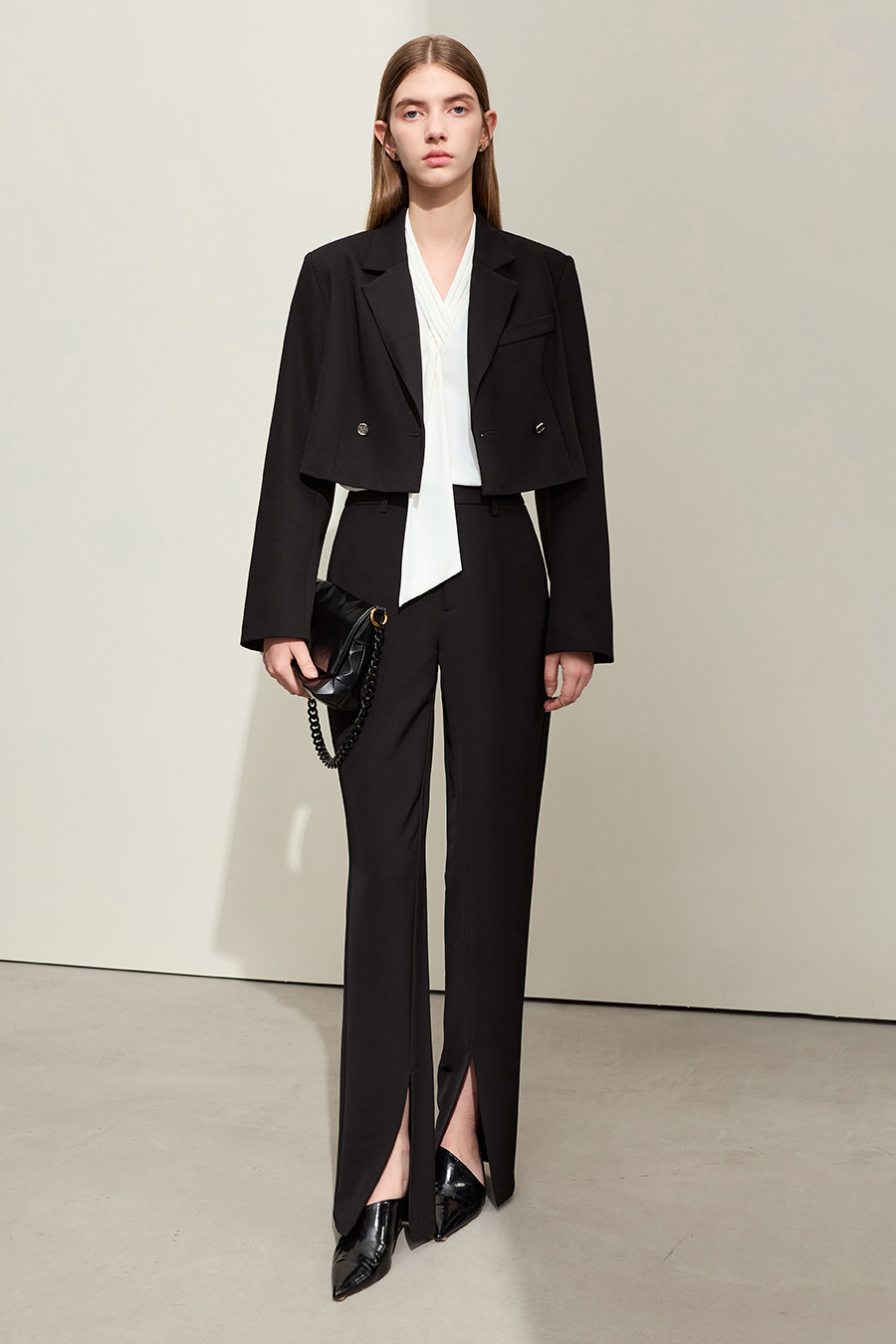 Pleated V-neck Tie Shirt