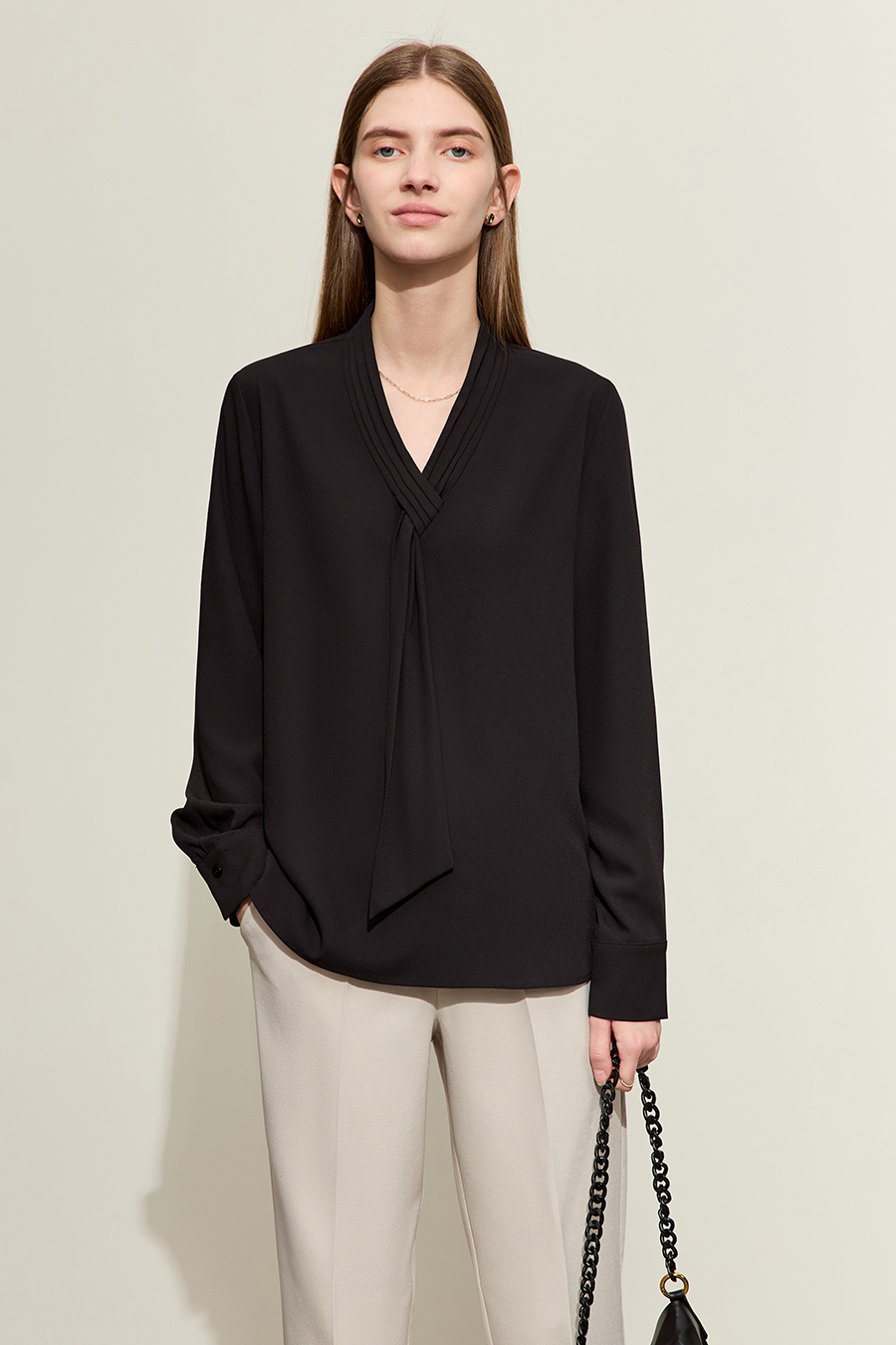 Pleated V-neck Tie Shirt