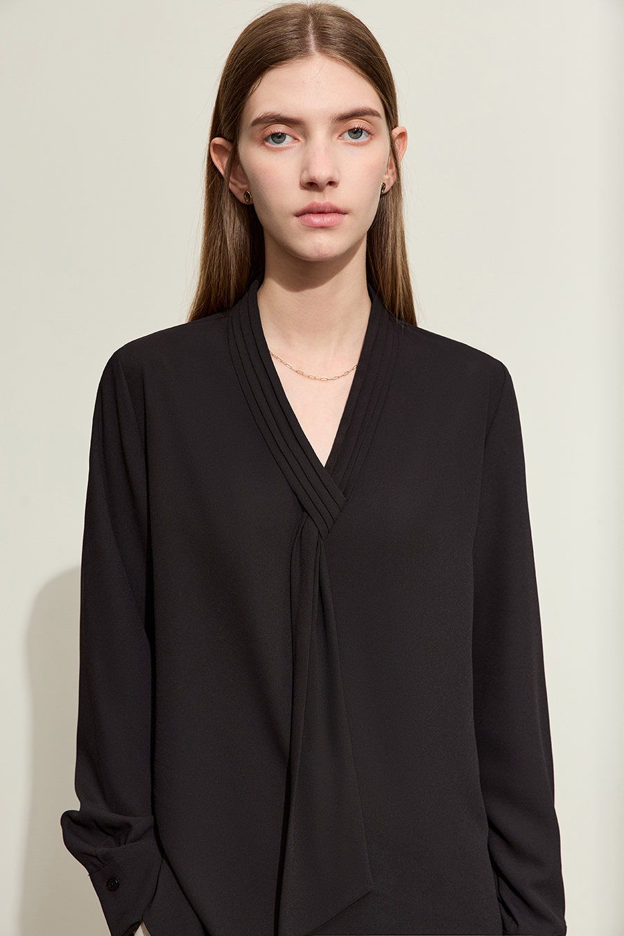 Pleated V-neck Tie Shirt