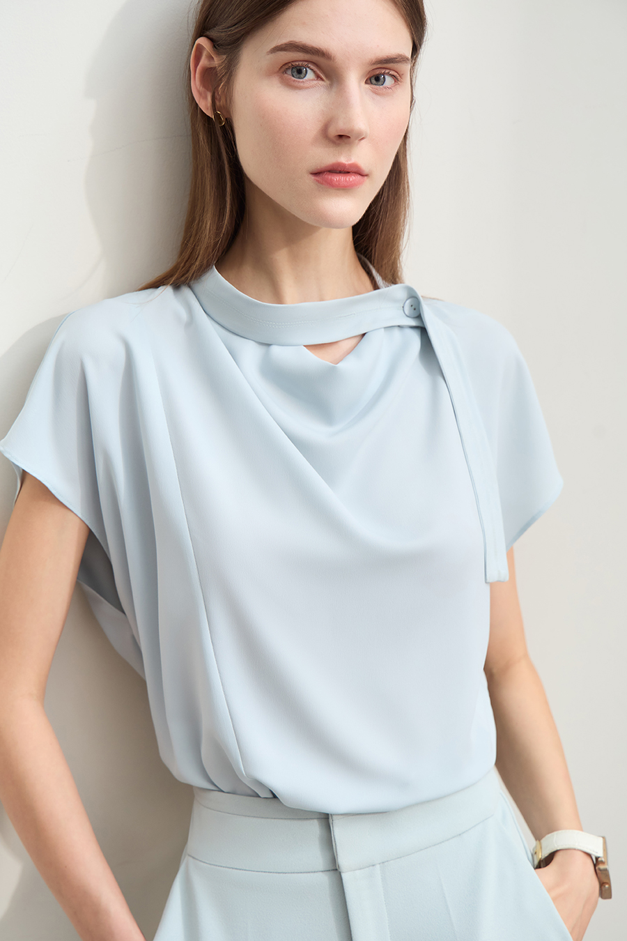 Imitation Acetate Cowl Neck Chiffon Blouse