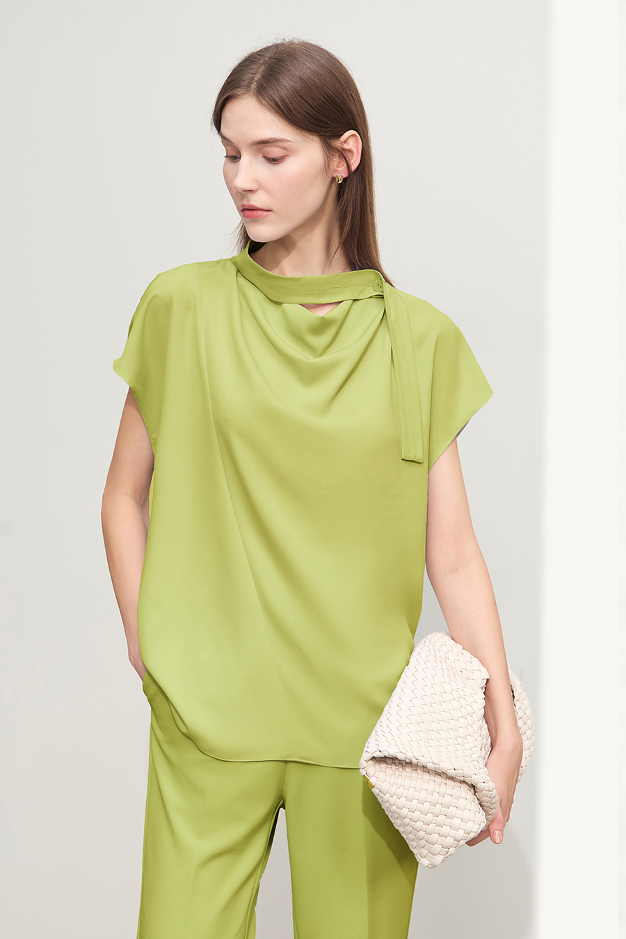 Imitation Acetate Cowl Neck Chiffon Blouse