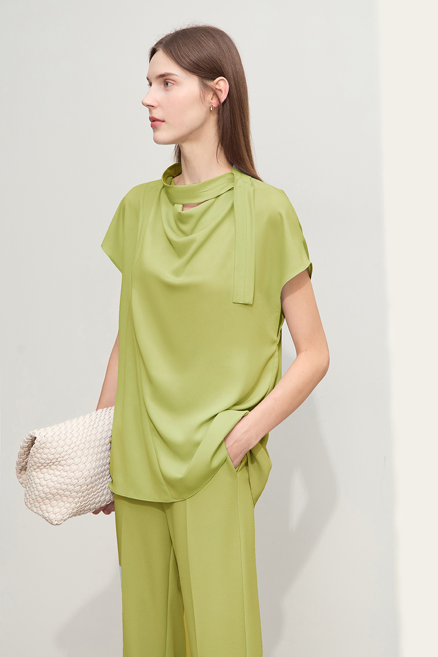 Imitation Acetate Cowl Neck Chiffon Blouse