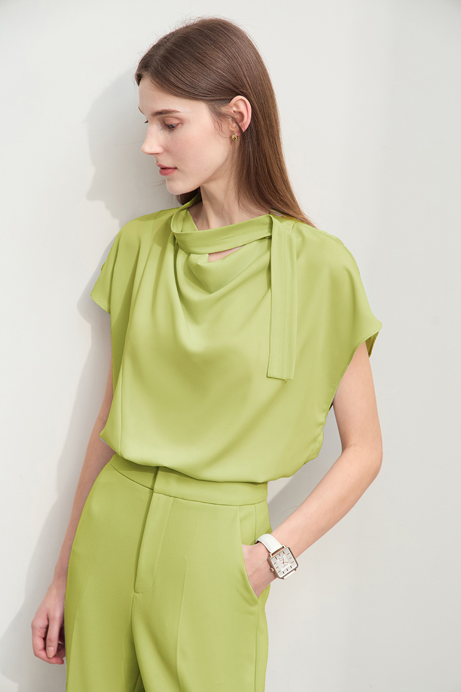 Imitation Acetate Cowl Neck Chiffon Blouse