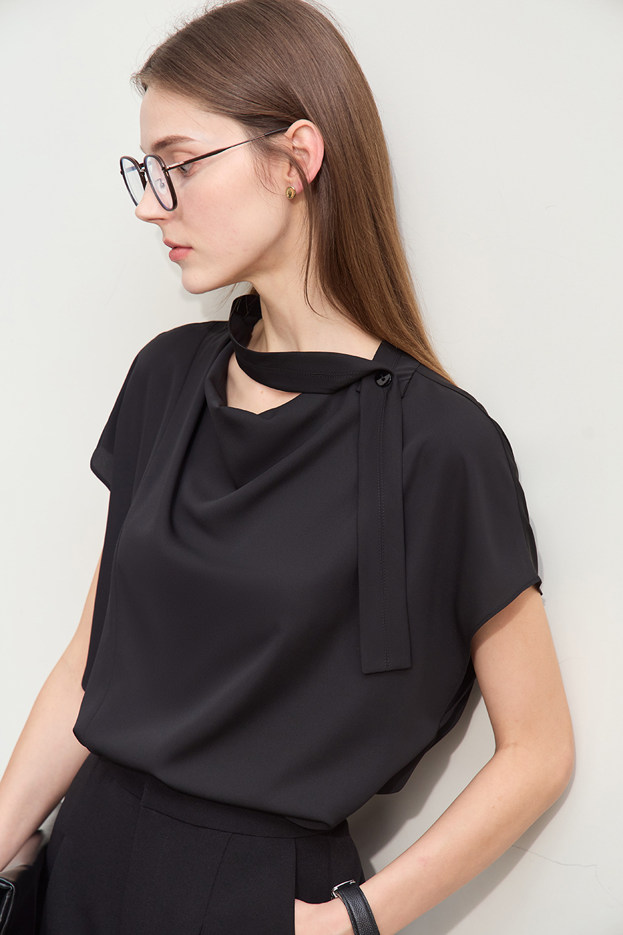 Imitation Acetate Cowl Neck Chiffon Blouse