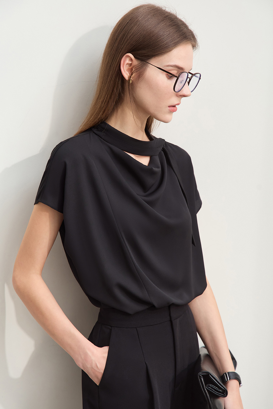 Imitation Acetate Cowl Neck Chiffon Blouse