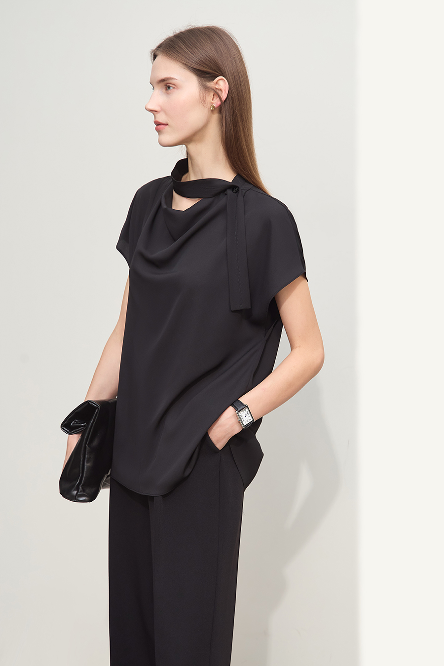 Imitation Acetate Cowl Neck Chiffon Blouse