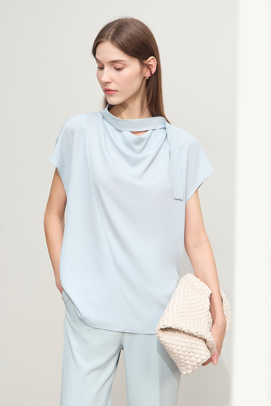 Imitation Acetate Cowl Neck Chiffon Blouse