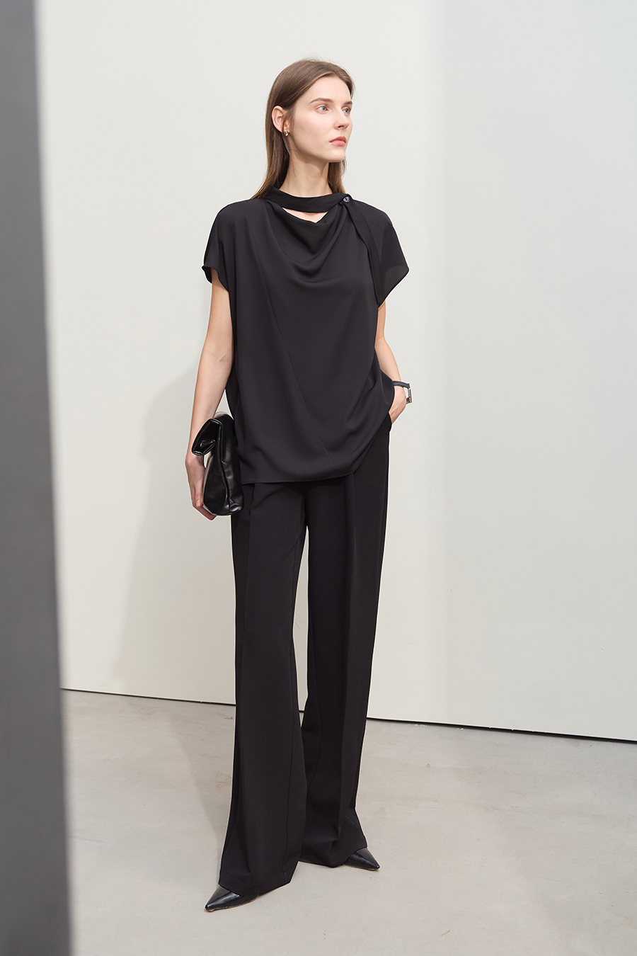 Imitation Acetate Cowl Neck Chiffon Blouse