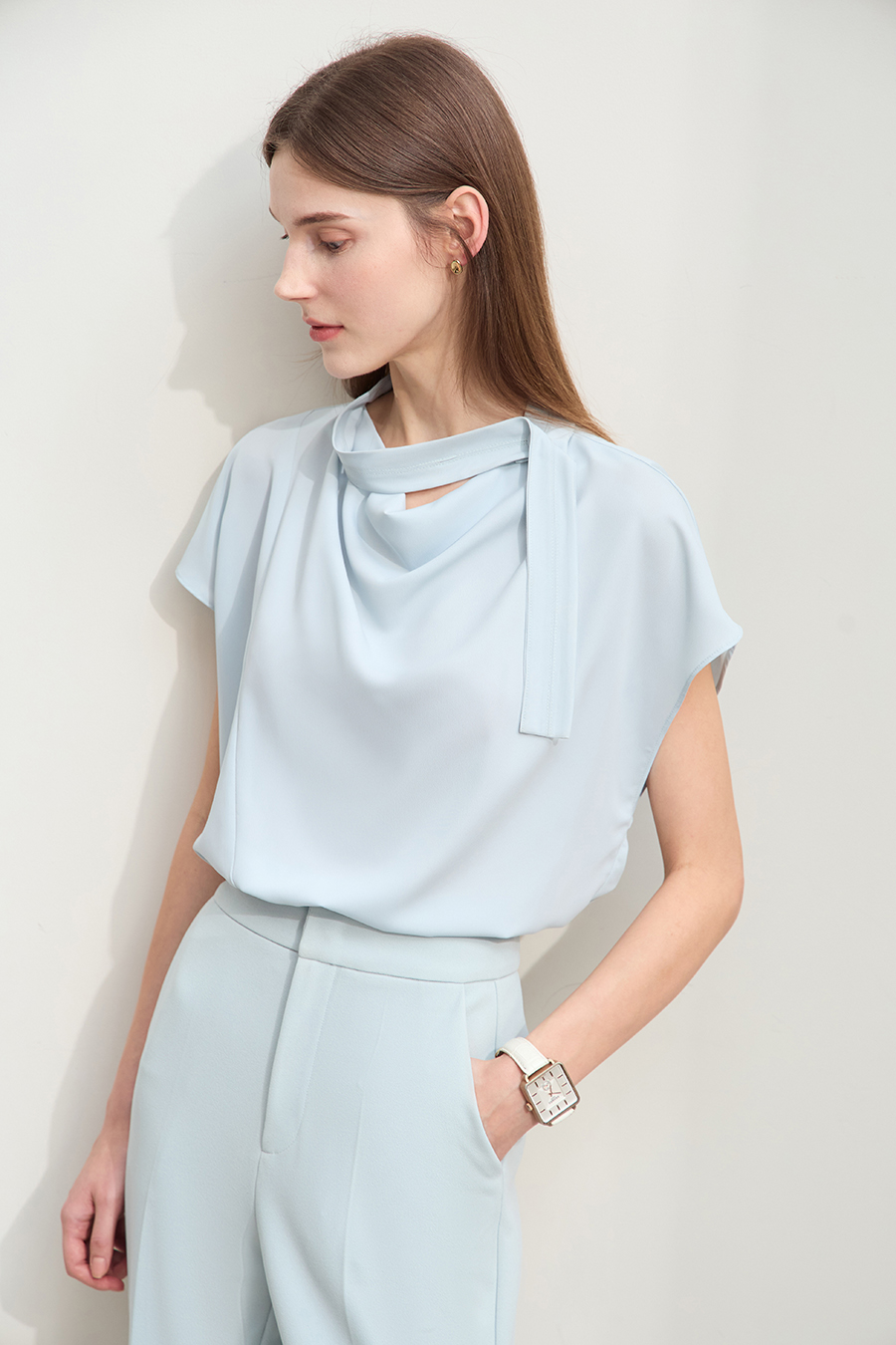 Imitation Acetate Cowl Neck Chiffon Blouse