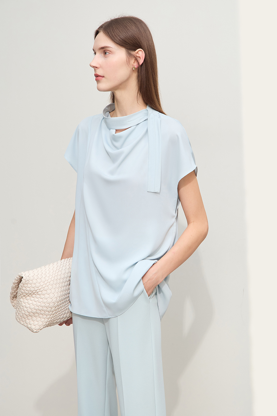 Imitation Acetate Cowl Neck Chiffon Blouse