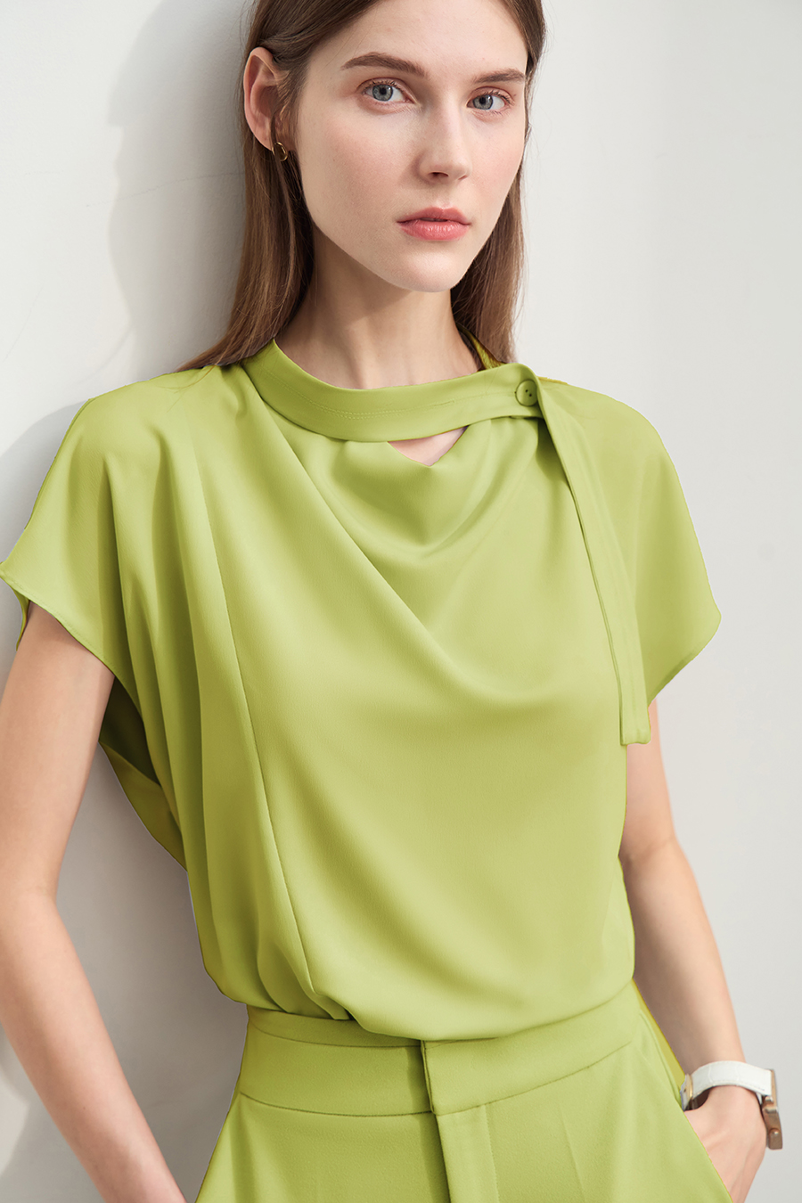 Imitation Acetate Cowl Neck Chiffon Blouse