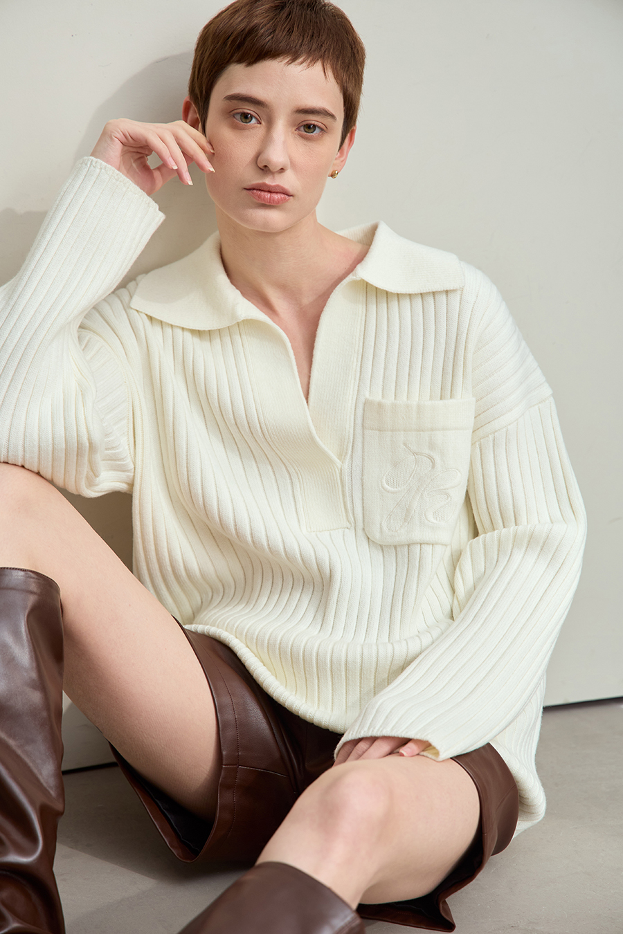 Lapel Embroidered Drop Shoulder Sweater|AMII-AMII.com