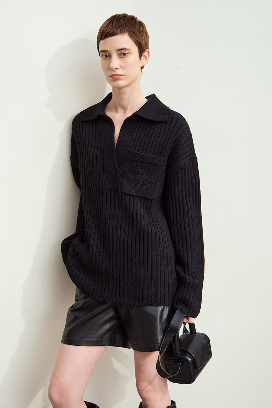 Lapel Embroidered Drop Shoulder Sweater|AMII-AMII.com