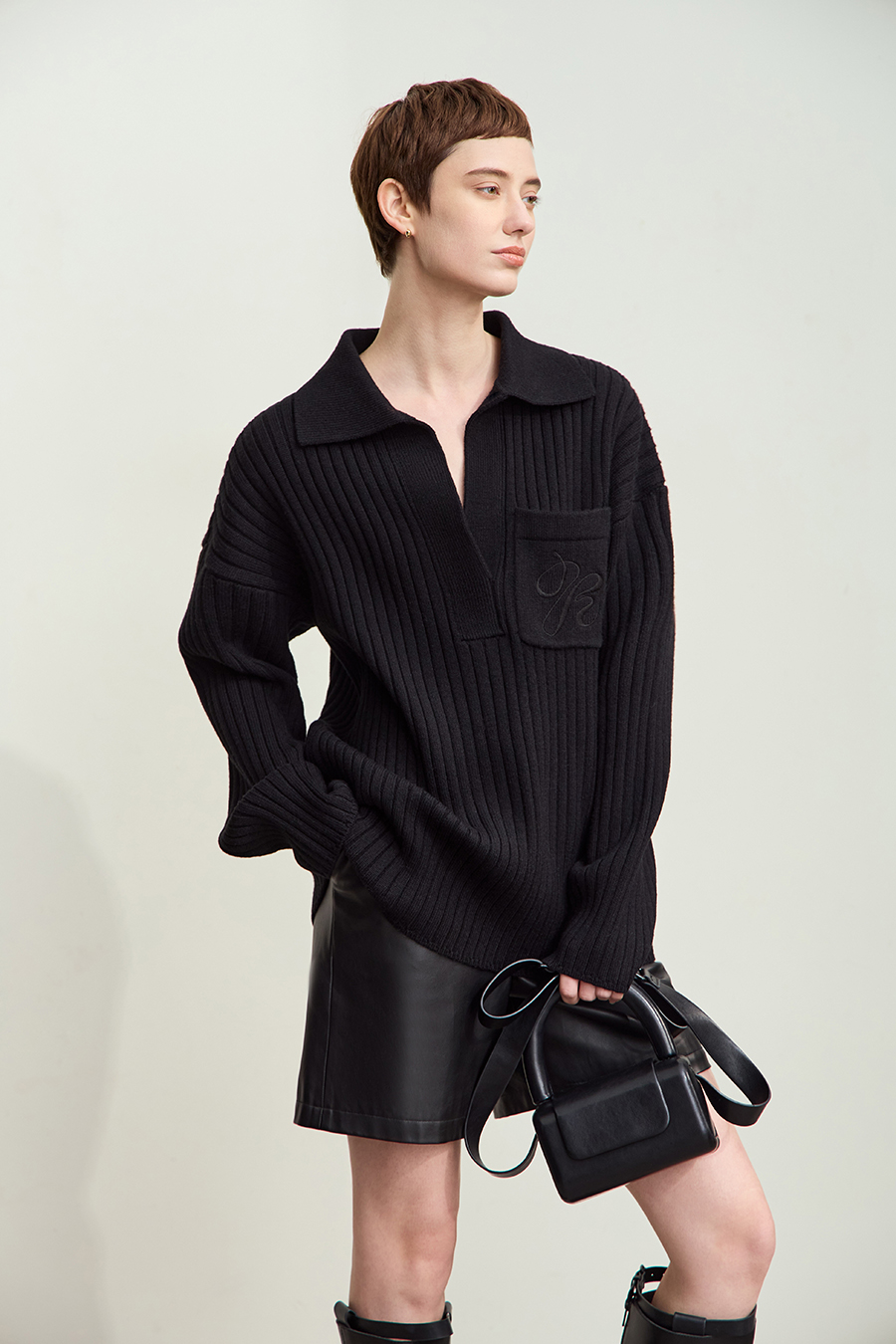 Lapel Embroidered Drop Shoulder Sweater|AMII-AMII.com