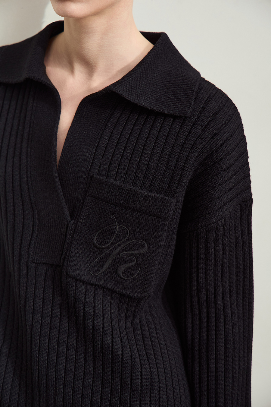 Lapel Embroidered Drop Shoulder Sweater|AMII-AMII.com
