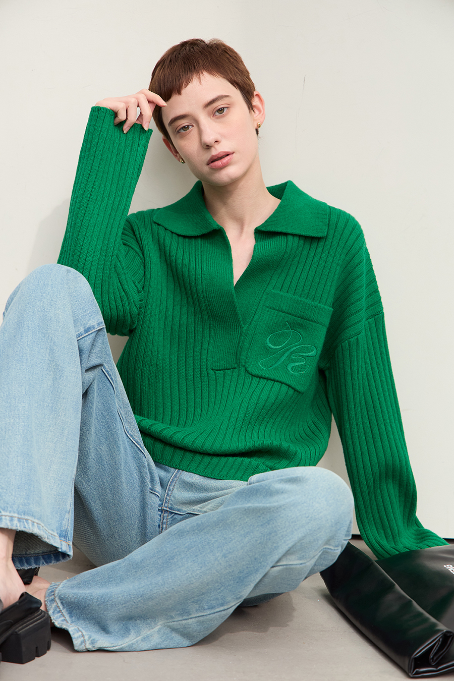 Lapel Embroidered Drop Shoulder Sweater|AMII-AMII.com