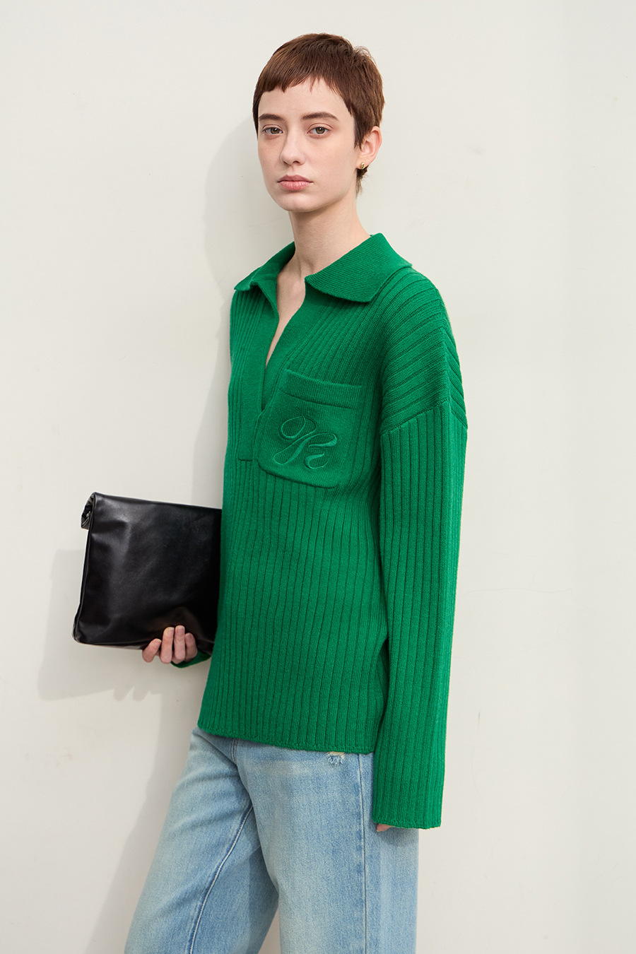 Lapel Embroidered Drop Shoulder Sweater|AMII-AMII.com