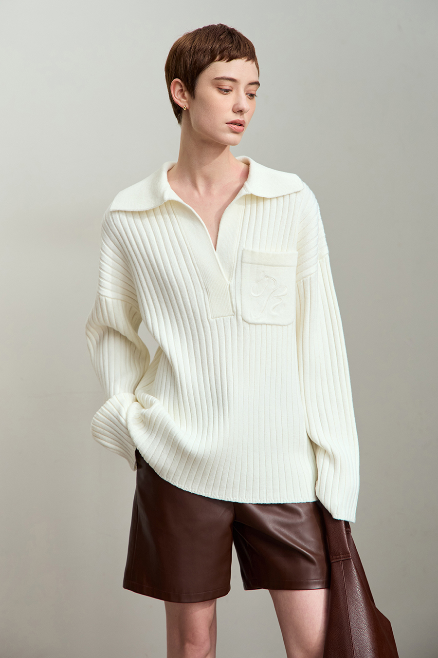 Lapel Embroidered Drop Shoulder Sweater|AMII-AMII.com